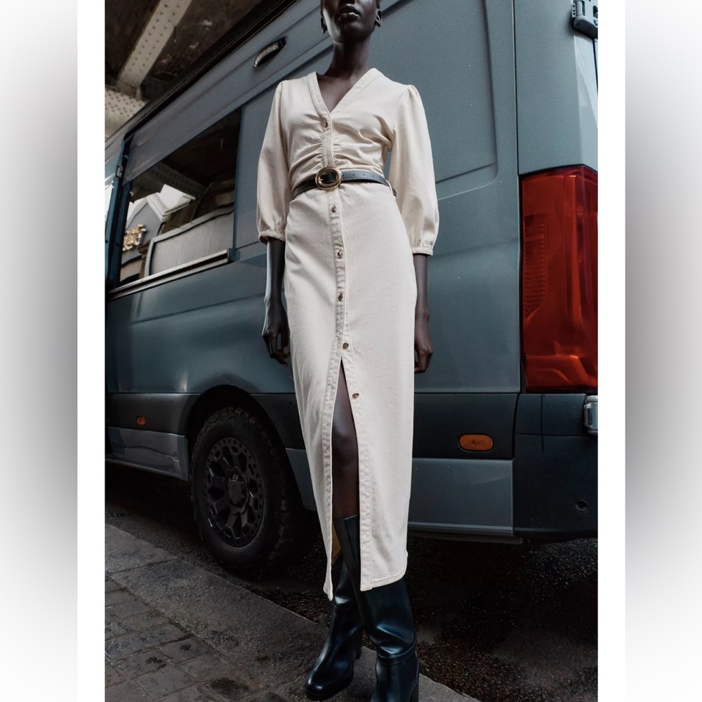 Zara Cream Midi Dress with Belt - Picture 3 of 11